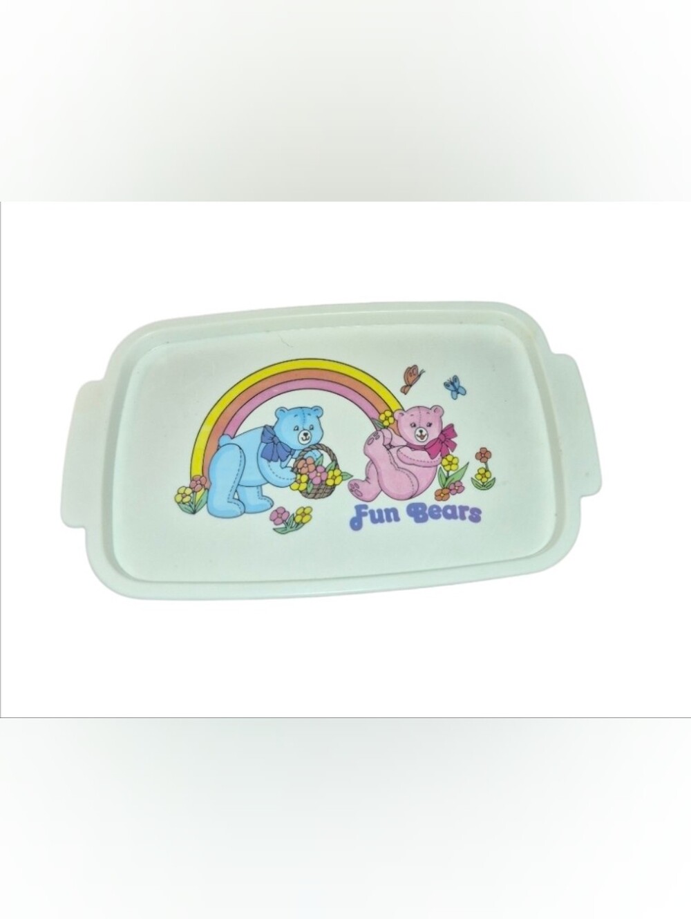 Vintage 80s Fun Bears Rainbow Plastic Food Storage Container with Blue and Pink